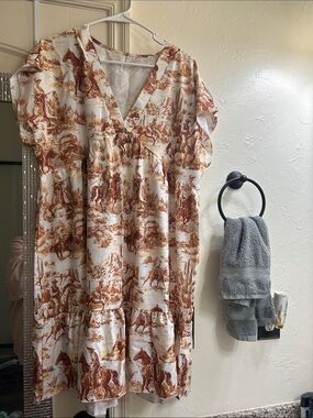 White Dress with Brown Western Horse Print